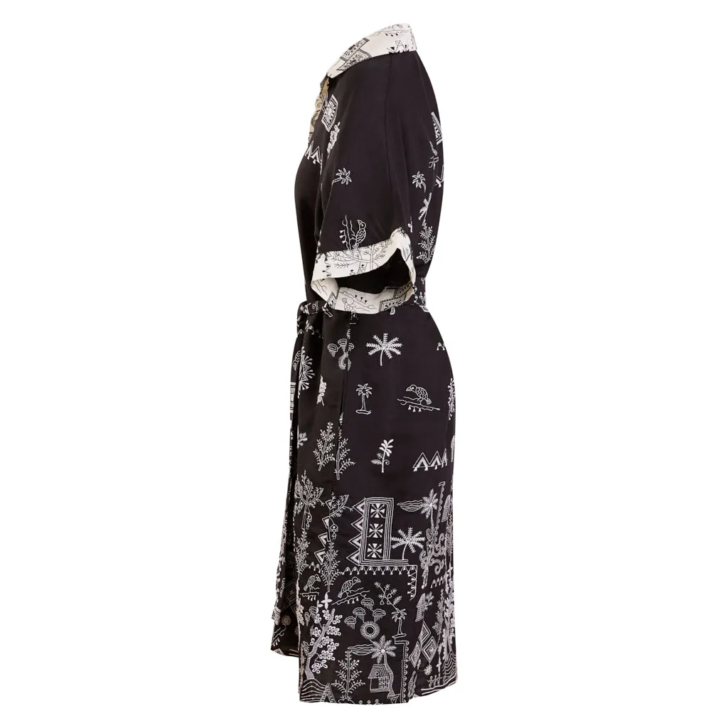 Africa Embroidered Silk /Cotton Black Shirt Dress