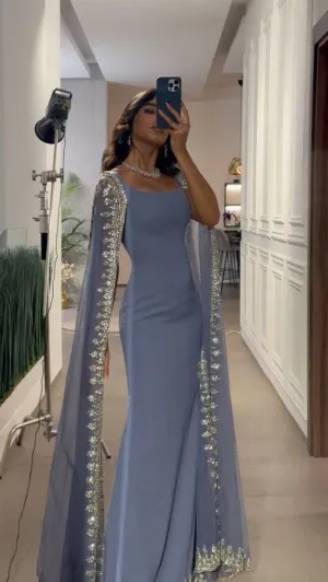 Attire Studio - Light Blue Chiffon Dress with Silver Lace Border (033)
