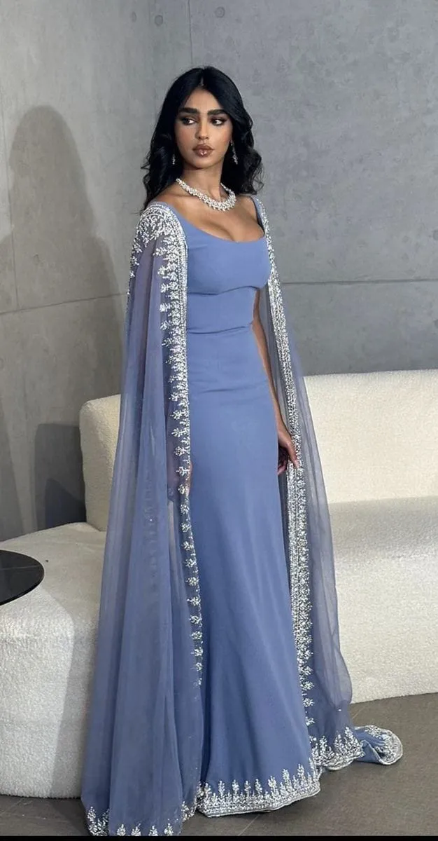Attire Studio - Light Blue Chiffon Dress with Silver Lace Border (033)