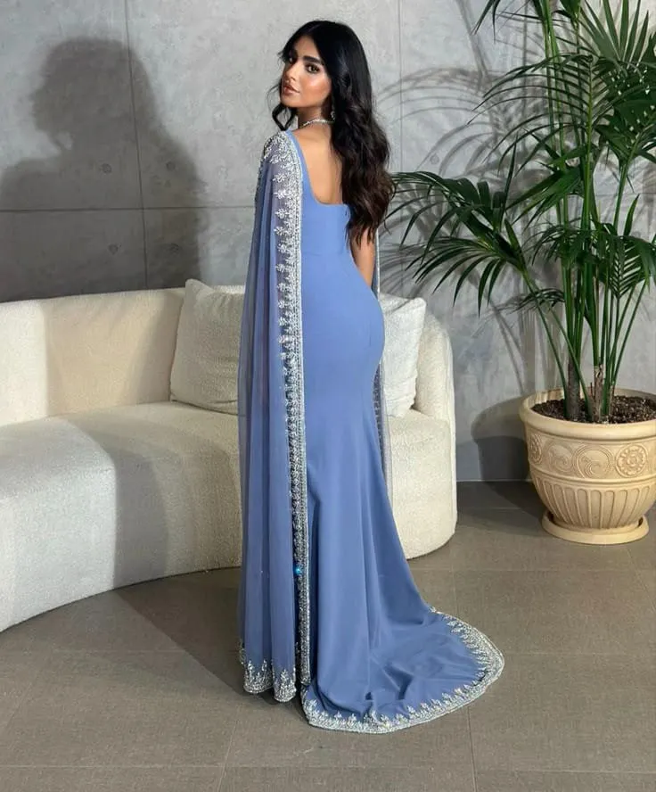 Attire Studio - Light Blue Chiffon Dress with Silver Lace Border (033)