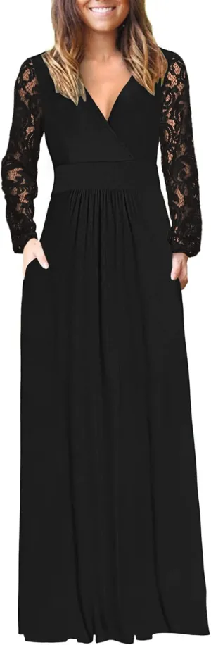 AUSELILY Womens Long Sleeve Maxi Dress 2025 Fall Lace Sleeve Dress V Neck Wrap Waist Long Dresses with Pockets