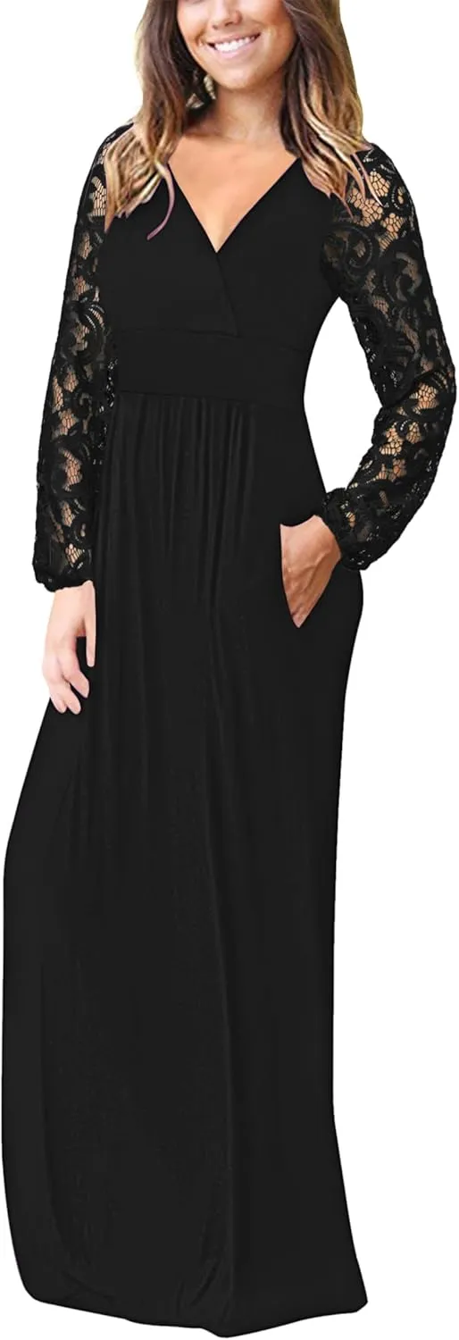 AUSELILY Womens Long Sleeve Maxi Dress 2025 Fall Lace Sleeve Dress V Neck Wrap Waist Long Dresses with Pockets
