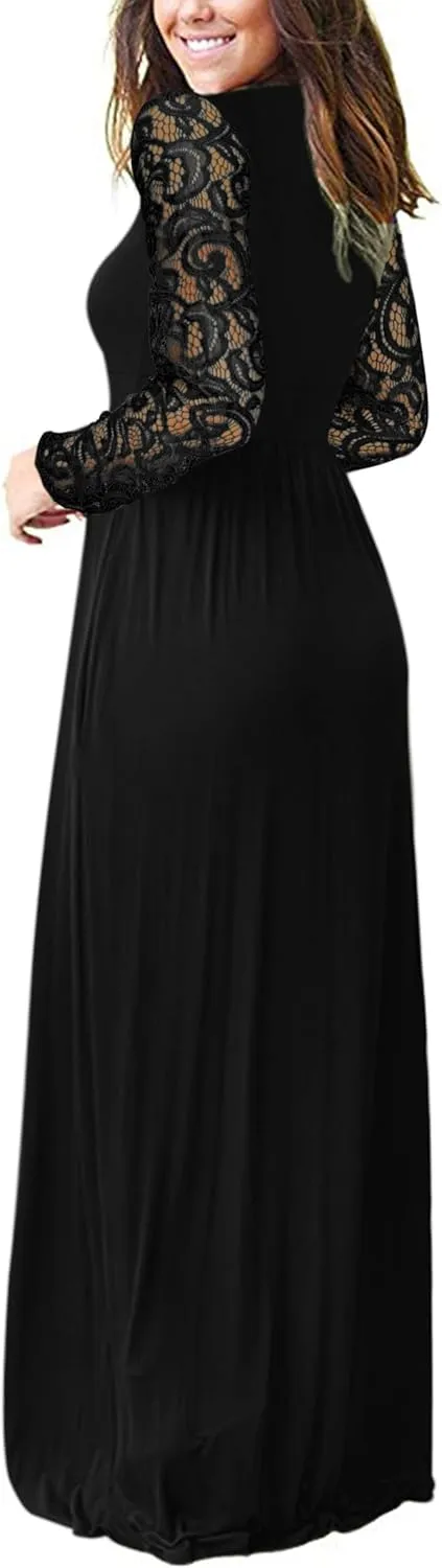 AUSELILY Womens Long Sleeve Maxi Dress 2025 Fall Lace Sleeve Dress V Neck Wrap Waist Long Dresses with Pockets