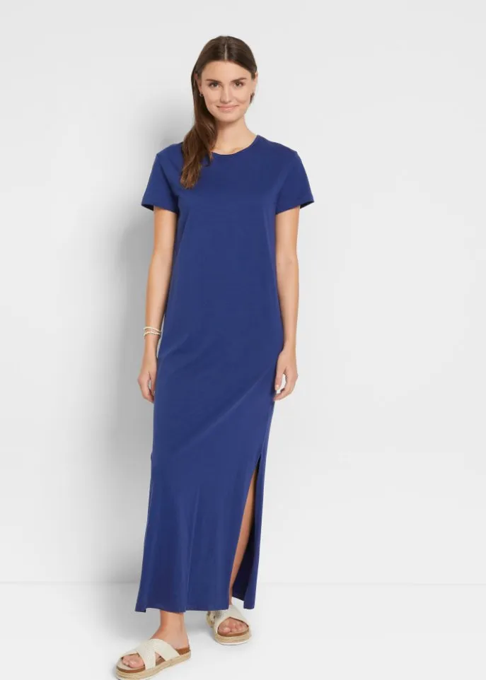 Bpc Bonprix Collection cotton maxi dress with slit, blue