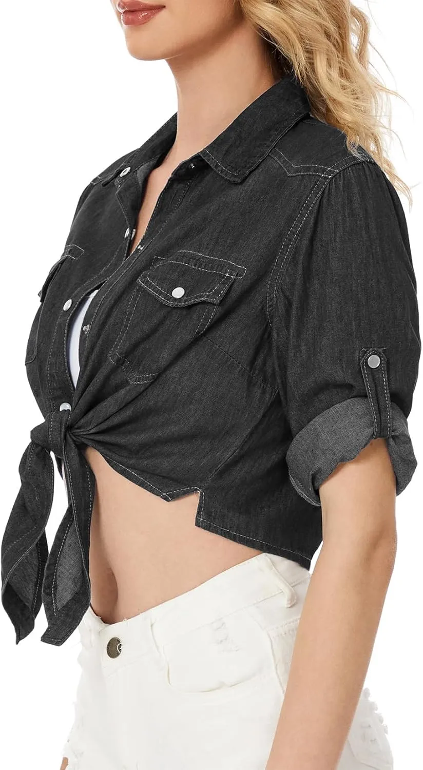 Century Star Women's 3/4 Sleeve Denim Shirt Chambray Crop Top Jean Tie Cardigan Front Knot