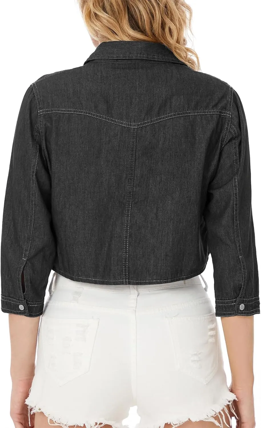 Century Star Women's 3/4 Sleeve Denim Shirt Chambray Crop Top Jean Tie Cardigan Front Knot