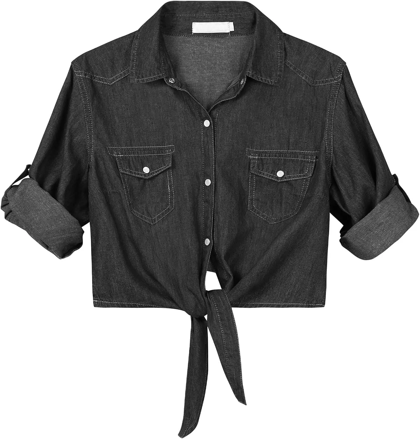 Century Star Women's 3/4 Sleeve Denim Shirt Chambray Crop Top Jean Tie Cardigan Front Knot