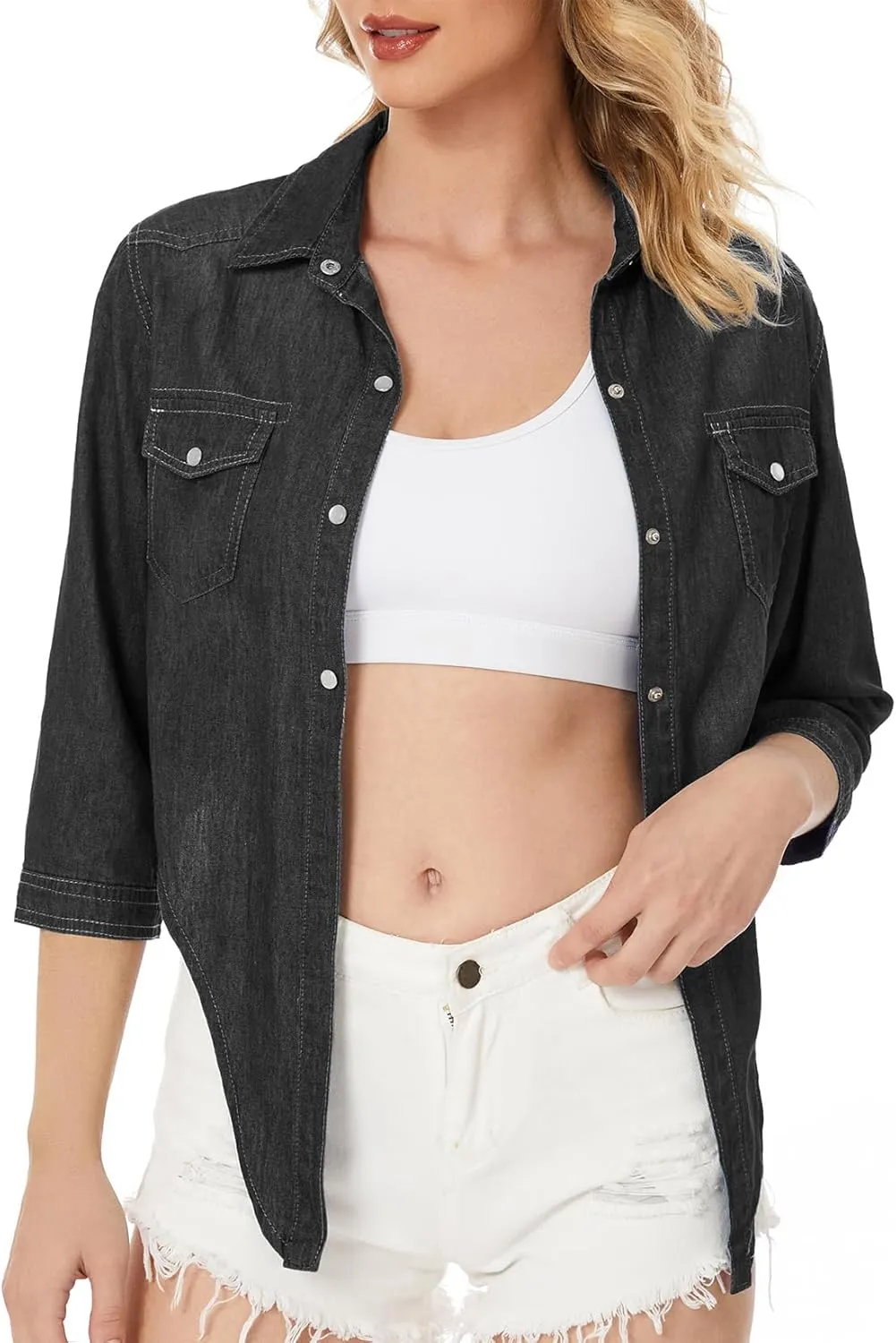 Century Star Women's 3/4 Sleeve Denim Shirt Chambray Crop Top Jean Tie Cardigan Front Knot