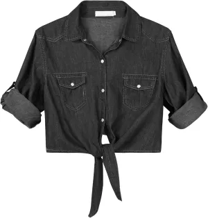 Century Star Women's 3/4 Sleeve Denim Shirt Chambray Crop Top Jean Tie Cardigan Front Knot