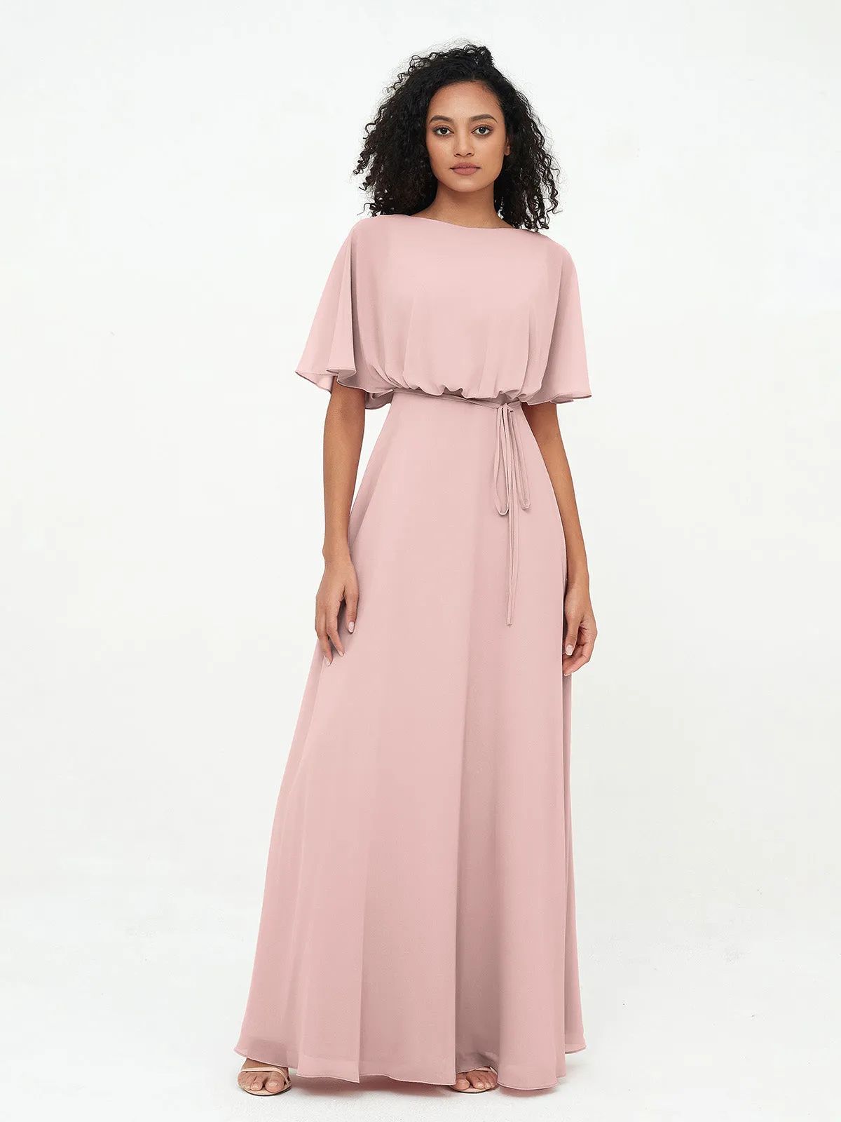 Chiffon Full Length Bridesmaid Dresses with Wrap Dusty Rose