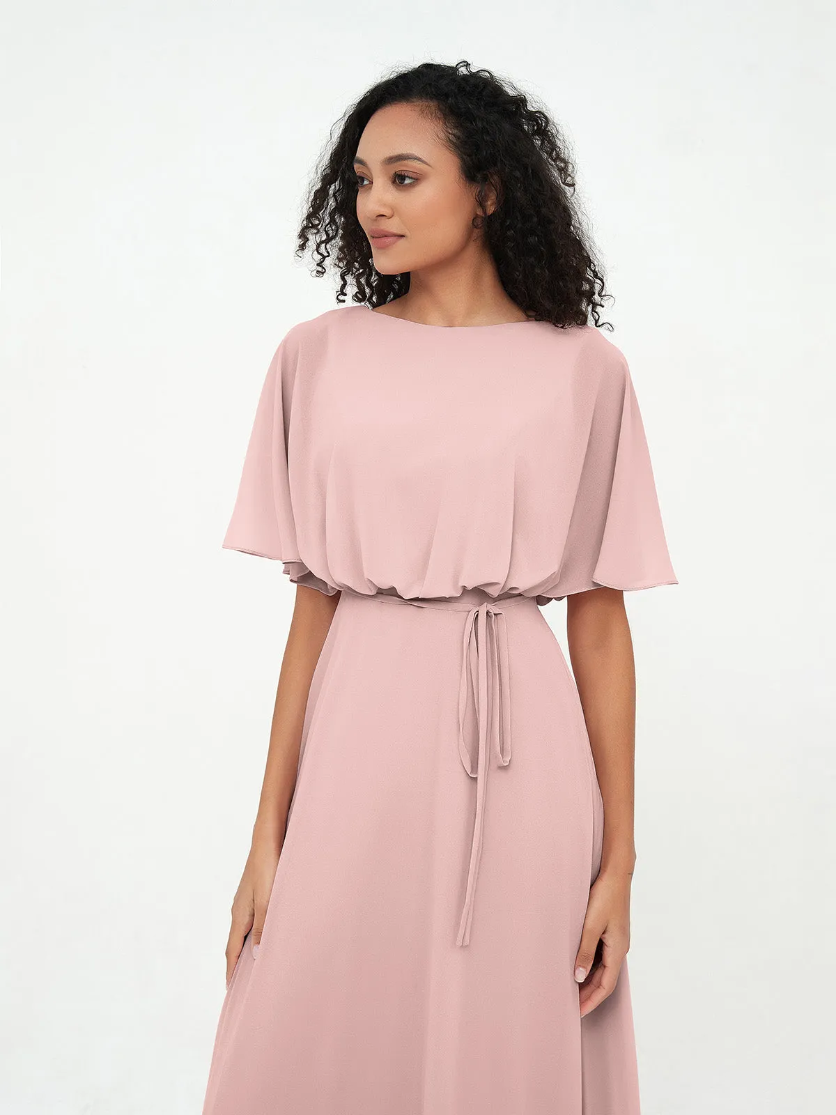 Chiffon Full Length Bridesmaid Dresses with Wrap Dusty Rose