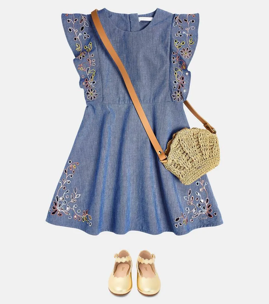 Chloé embroidered cotton chambray dress, blue