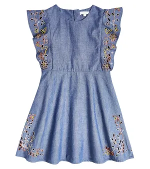Chloé embroidered cotton chambray dress, blue