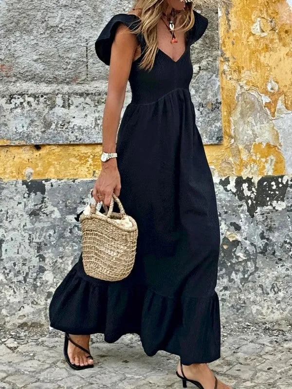 Cotton Flutter Smocked High Waist Ruffle Maxi