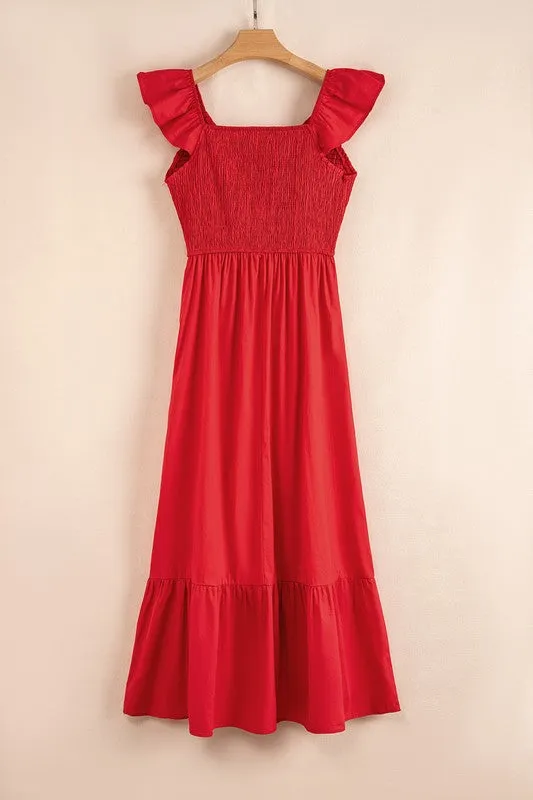 Cotton Flutter Smocked High Waist Ruffle Maxi