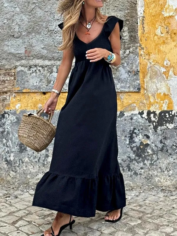 Cotton Flutter Smocked High Waist Ruffle Maxi