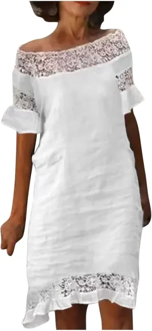 Cotton Linen Dresses for Womens 2024 Trendy Summer Casual Loose Short Sleeve Midi Dress Elegant Lace Beach Sundress
