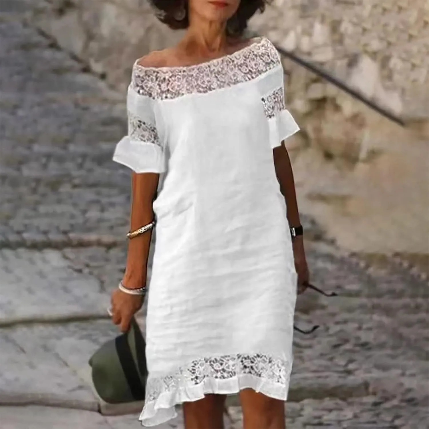 Cotton Linen Dresses for Womens 2024 Trendy Summer Casual Loose Short Sleeve Midi Dress Elegant Lace Beach Sundress