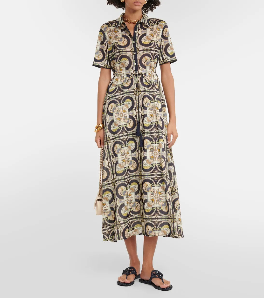 Cotton midi dress with Tory Burch print, multicolor