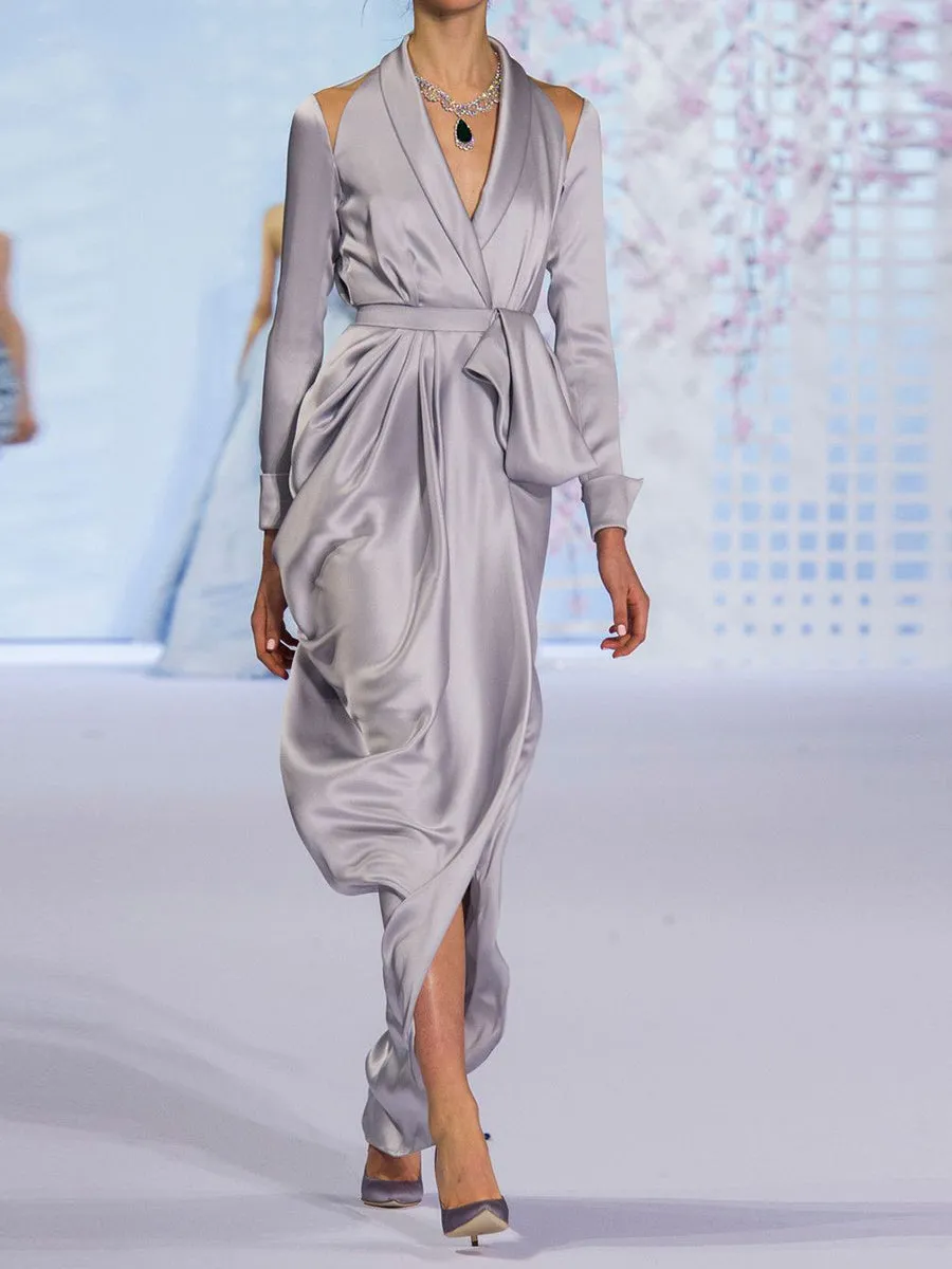 Fashion Long Sleeve Silk Elegant Evening Dress