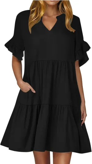 FZYLQY Women's Summer 2025 Trendy Ruffle Short Sleeve V Neck A Line Tiered Flowy Loose Casual Mini Beach Dress with Pockets