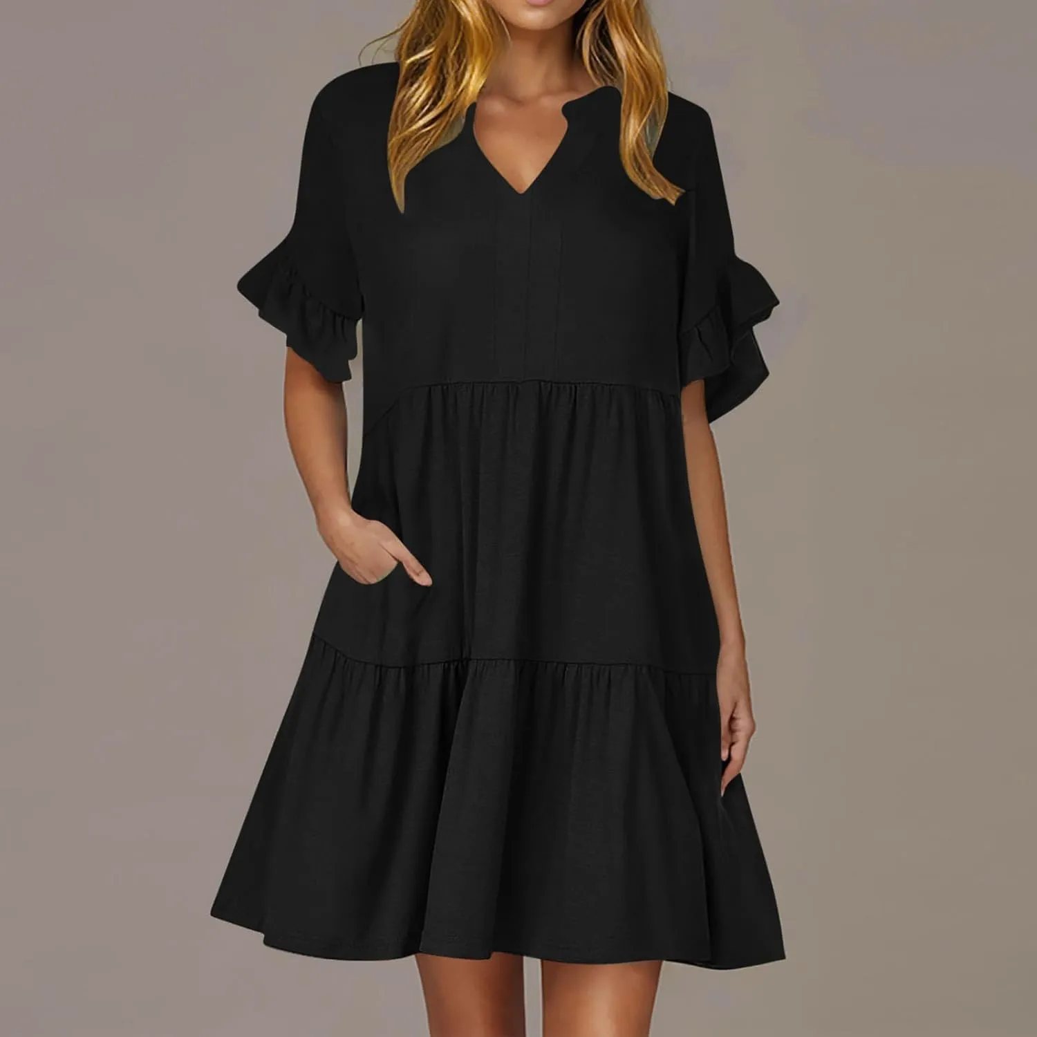 FZYLQY Women's Summer 2025 Trendy Ruffle Short Sleeve V Neck A Line Tiered Flowy Loose Casual Mini Beach Dress with Pockets