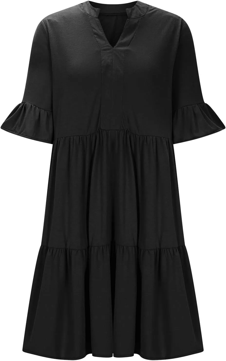 FZYLQY Women's Summer 2025 Trendy Ruffle Short Sleeve V Neck A Line Tiered Flowy Loose Casual Mini Beach Dress with Pockets