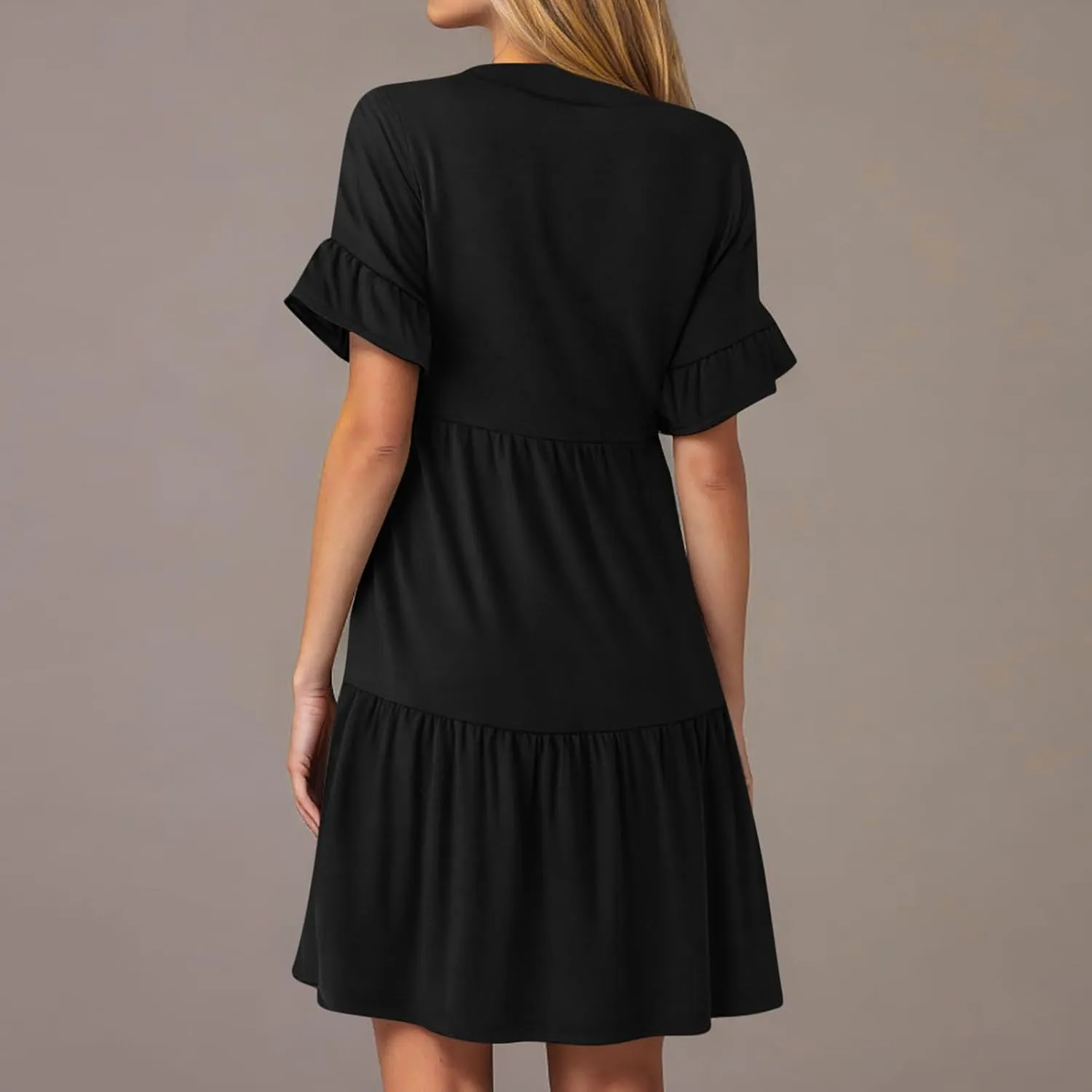 FZYLQY Women's Summer 2025 Trendy Ruffle Short Sleeve V Neck A Line Tiered Flowy Loose Casual Mini Beach Dress with Pockets
