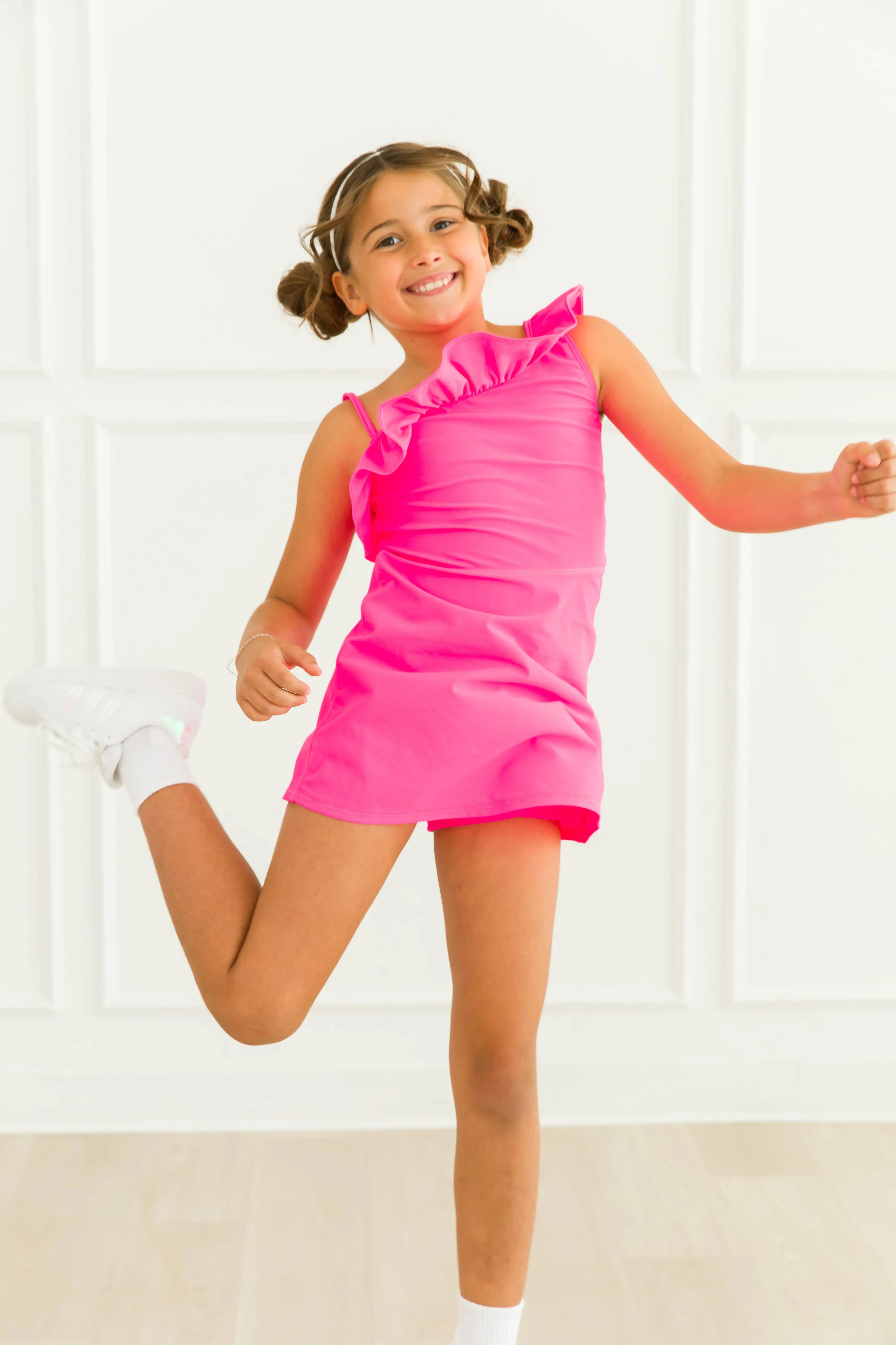 Girls Neon Magenta Active Tennis Dress & Bike Short Set: Pink