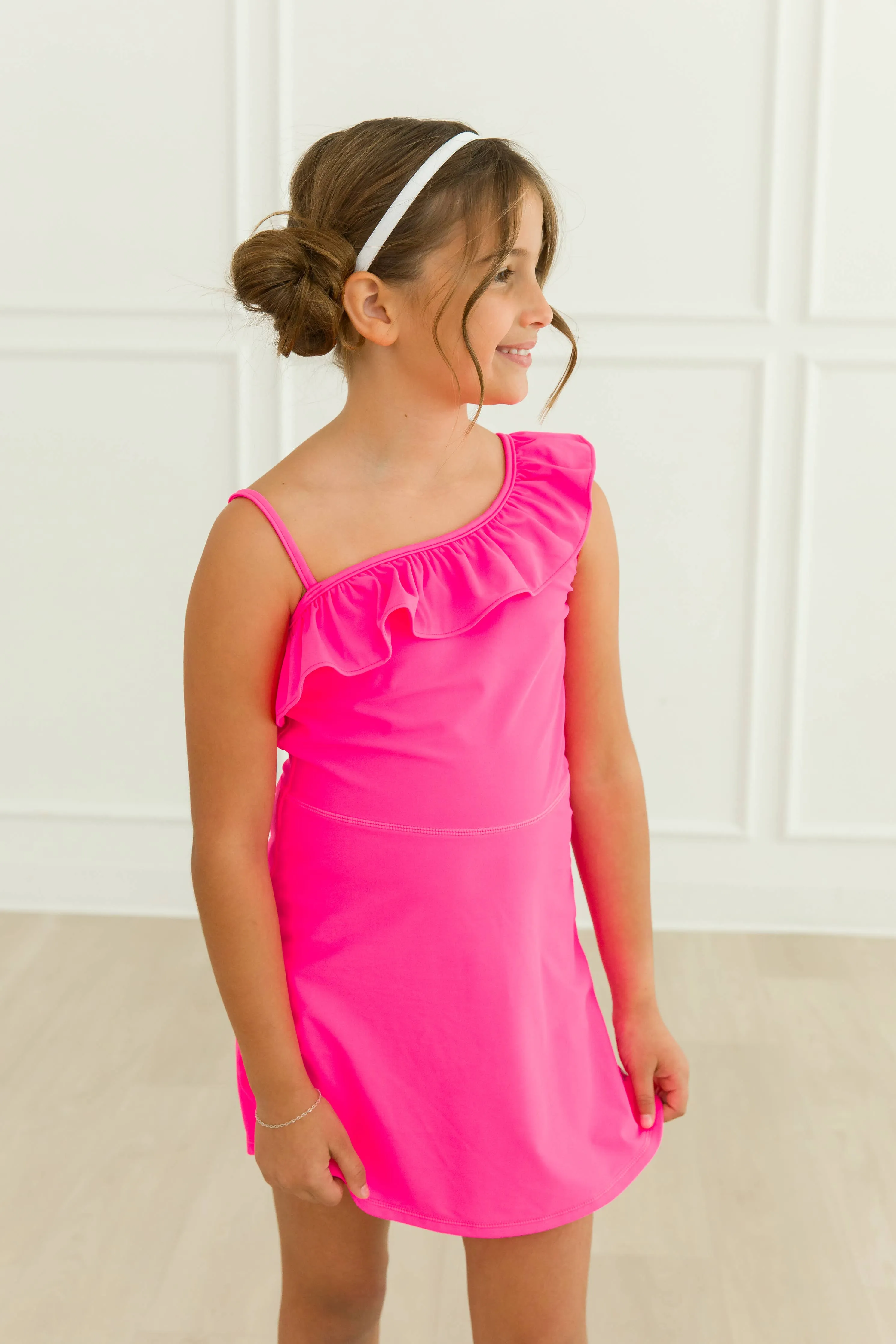 Girls Neon Magenta Active Tennis Dress & Bike Short Set: Pink
