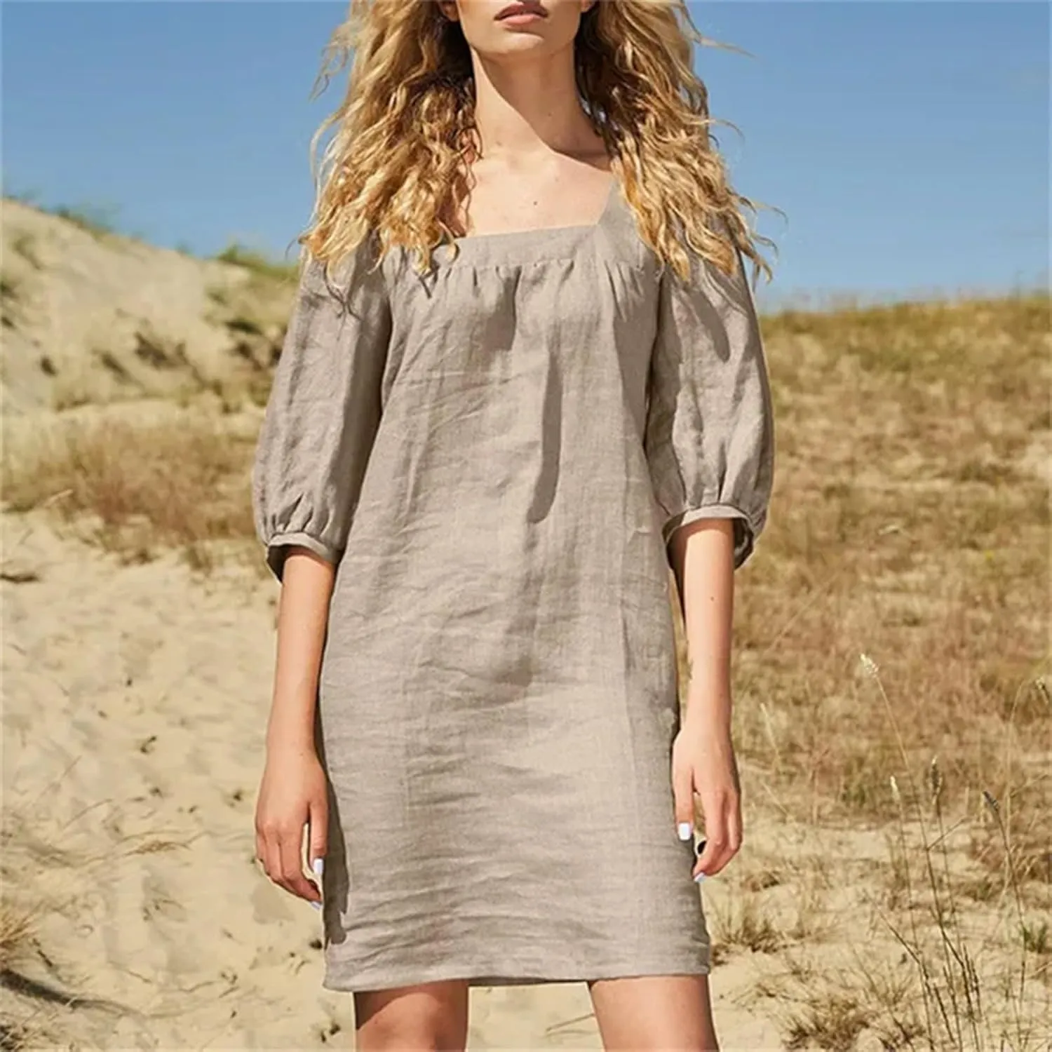 hlysgo Beach Dress for Women Plus Size Cotton Linen Half Sleeve Square Neck Mini Dress Summer Loose Comfy Knee Length Dress