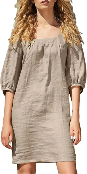 hlysgo Beach Dress for Women Plus Size Cotton Linen Half Sleeve Square Neck Mini Dress Summer Loose Comfy Knee Length Dress