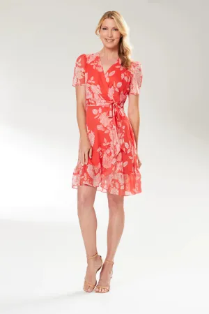 London Times Tangerine Wrap Dress With Cream Flower Pattern And A Fabric Belt