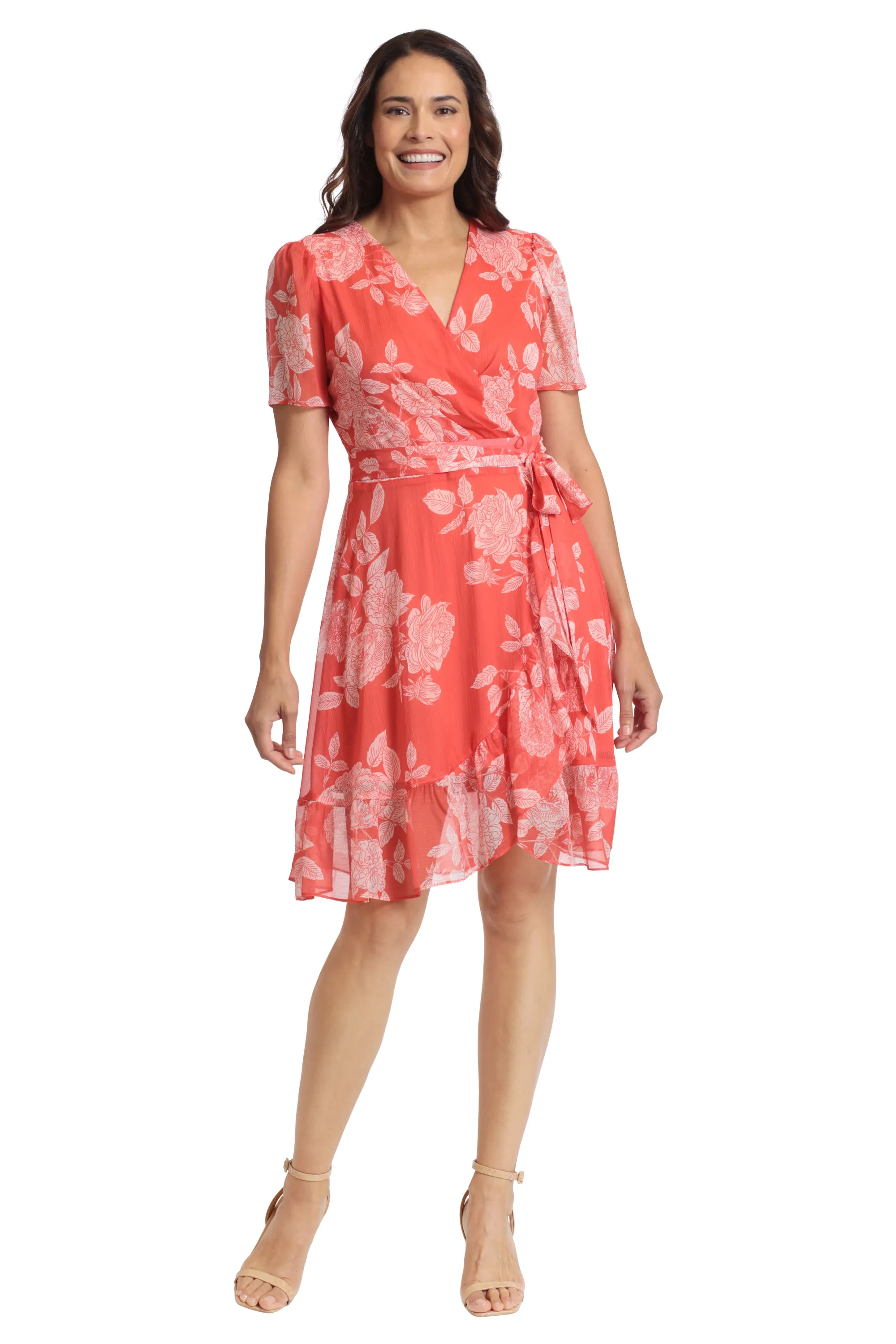 London Times Tangerine Wrap Dress With Cream Flower Pattern And A Fabric Belt