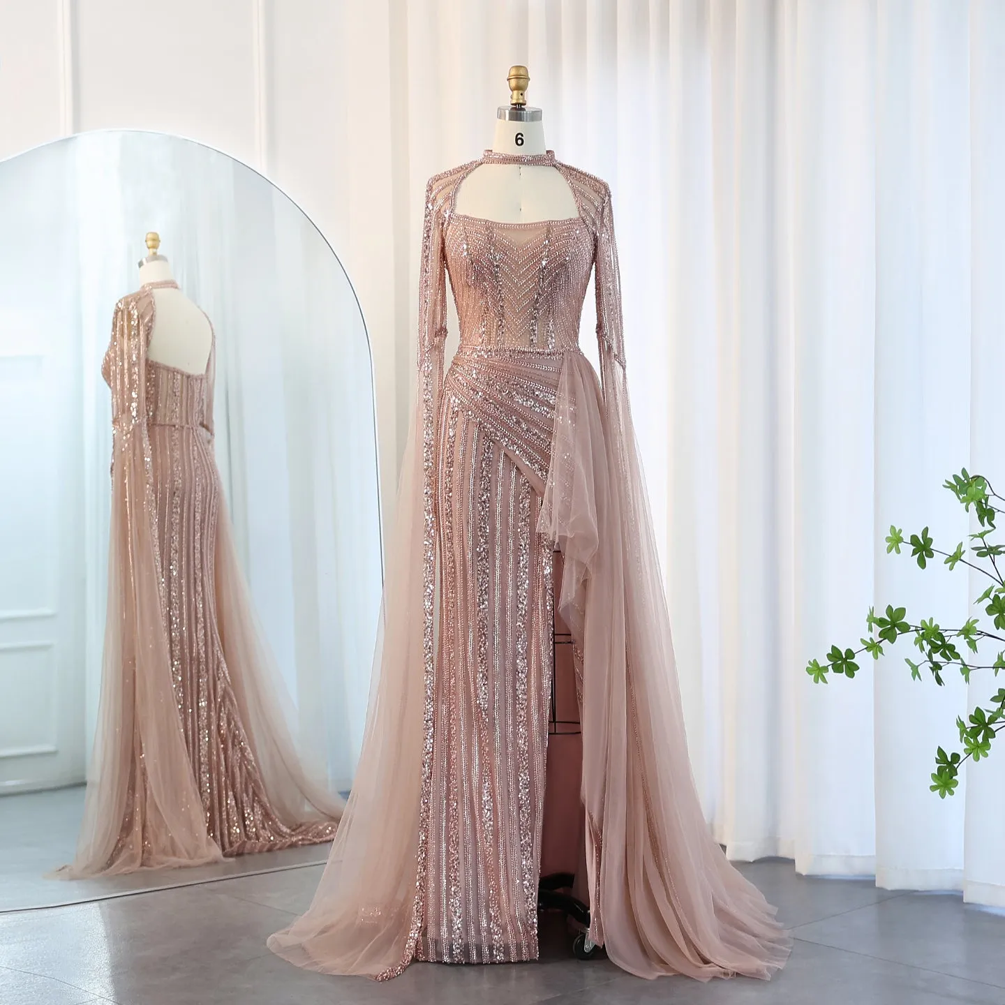 Luxury Blue Evening Dress with Cape Sleeves SS003