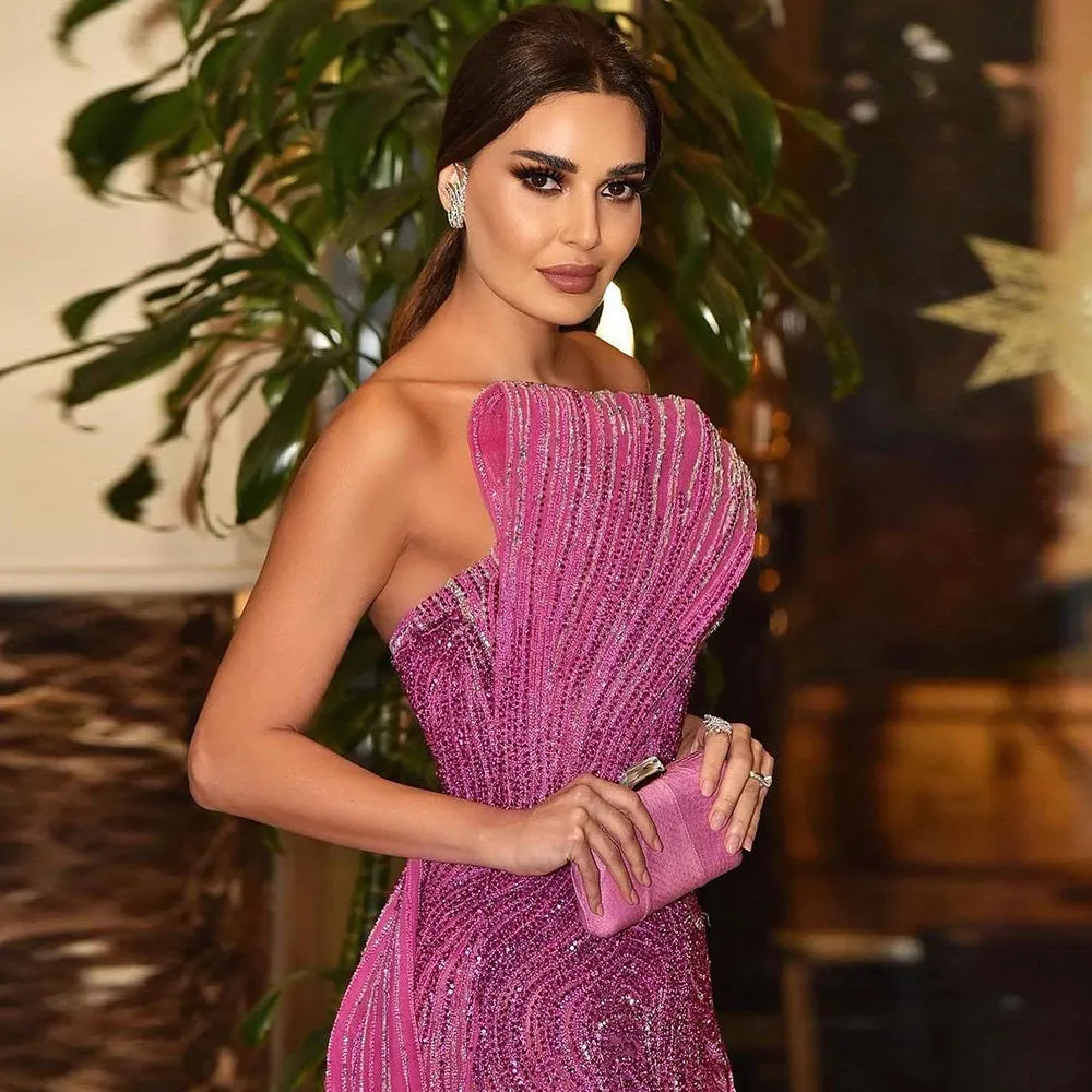 Luxury Dubai Fuchsia Evening Dress with Overskirt Slit SS372