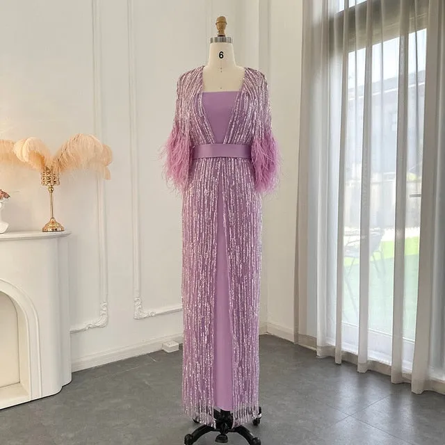 Luxury Feathers Yellow 2 Pieces Evening Dress SS430