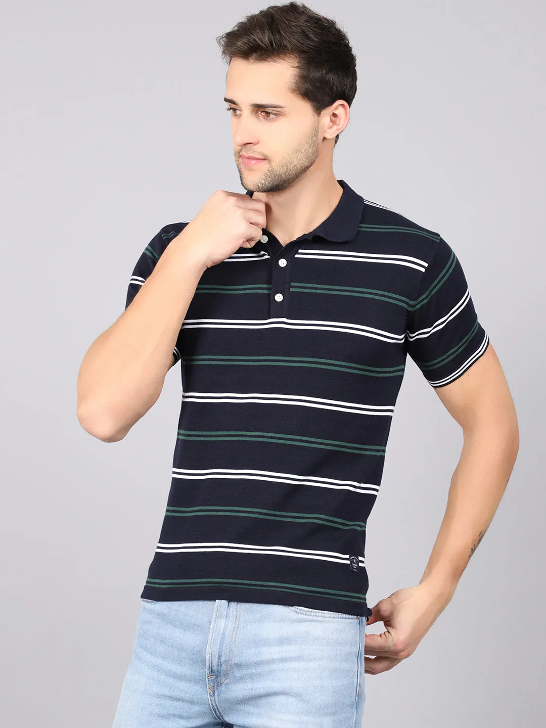 Men's Navy Blue Stripe Polo neck Half Sleeve Flatknit T-Shirt