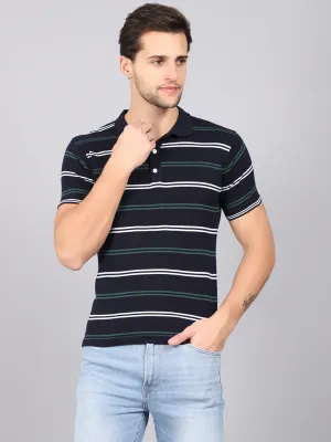 Men's Navy Blue Stripe Polo neck Half Sleeve Flatknit T-Shirt
