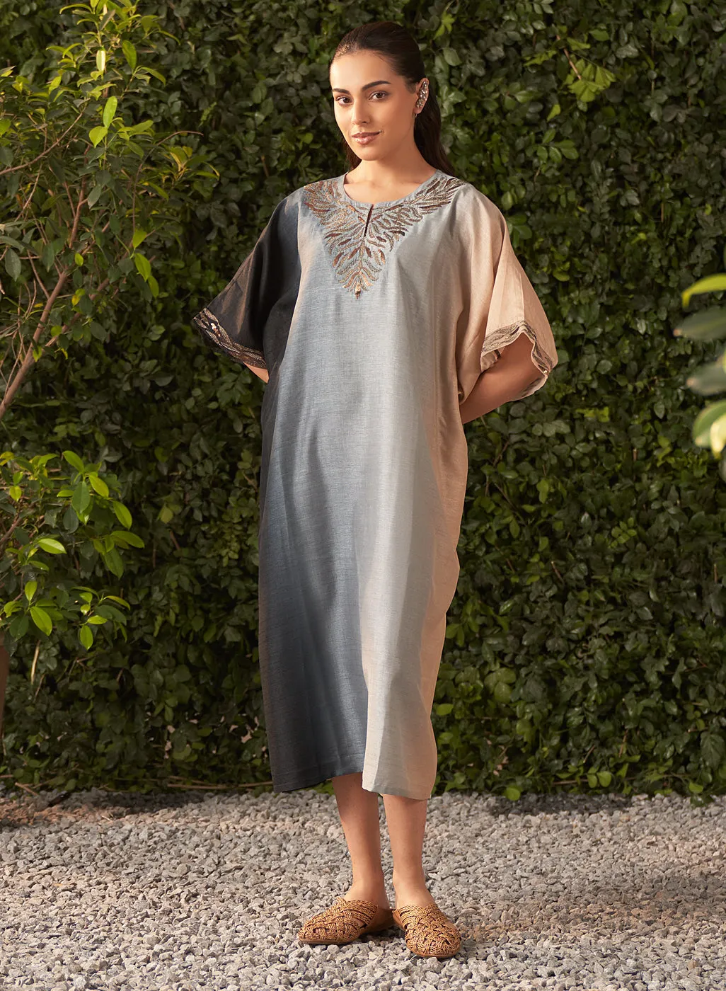 Nylah Blue Embroidered Silk Kaftan for Women