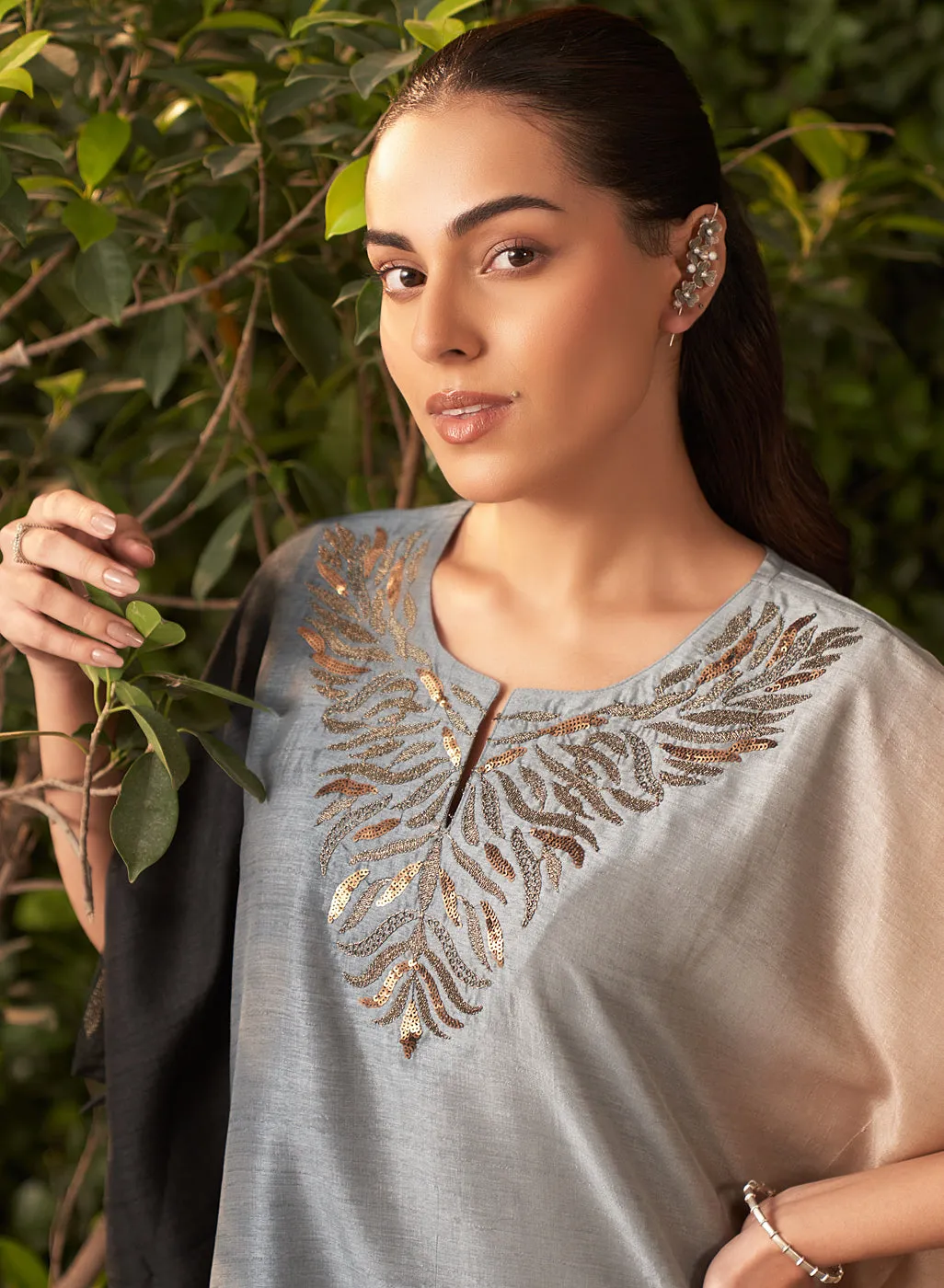 Nylah Blue Embroidered Silk Kaftan for Women
