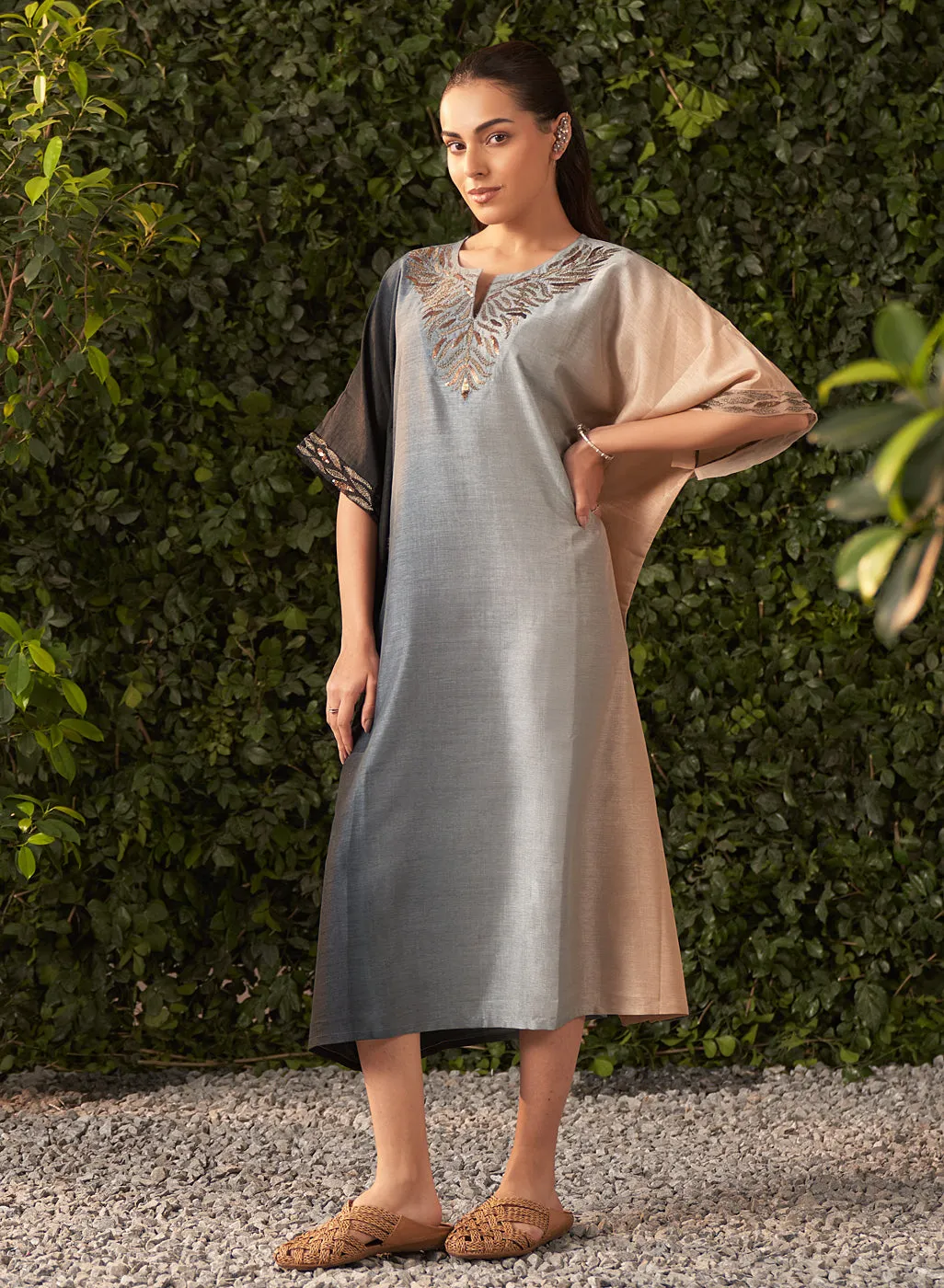 Nylah Blue Embroidered Silk Kaftan for Women