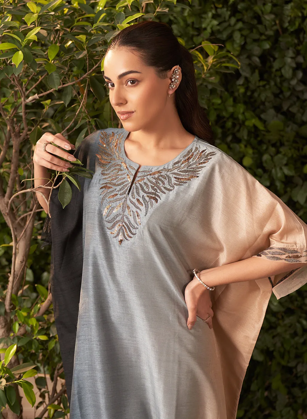 Nylah Blue Embroidered Silk Kaftan for Women