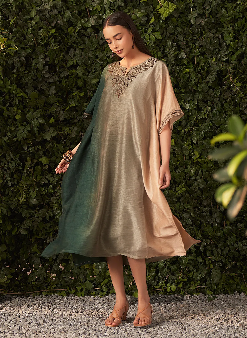 Nylah Green Embroidered Silk Kaftan for Women
