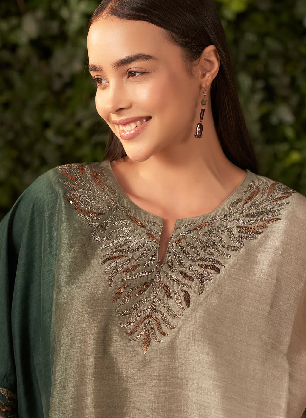 Nylah Green Embroidered Silk Kaftan for Women