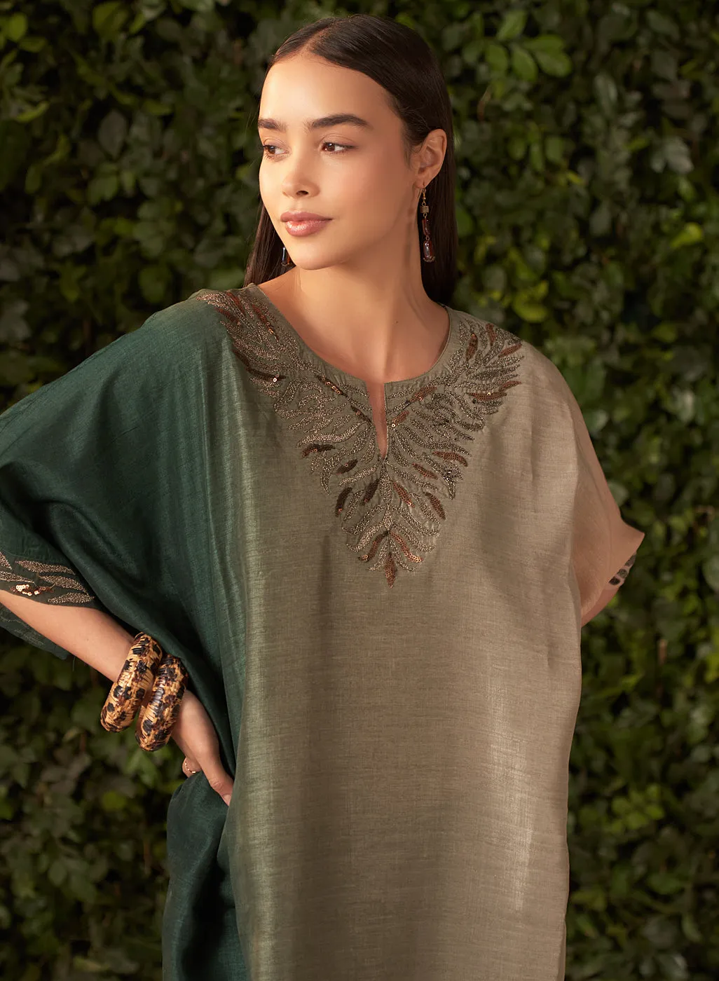 Nylah Green Embroidered Silk Kaftan for Women