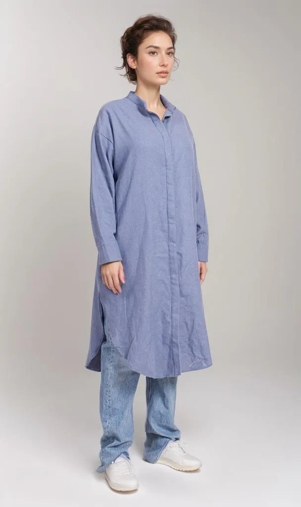 O202789-O202789 - Long Denim Shirt Dress - Blue