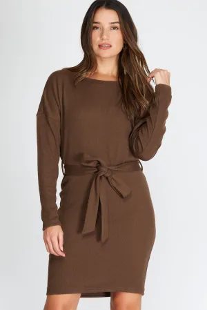 She And Sky Dolman Long Sleeve Boatneck Sweater Dress In Mocha