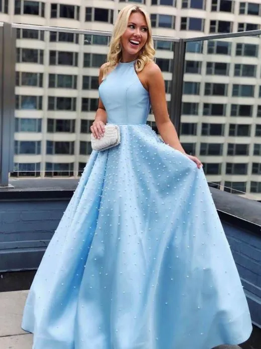 Simple Satin Long Prom Dresses Pearl Skirt Prom Dress