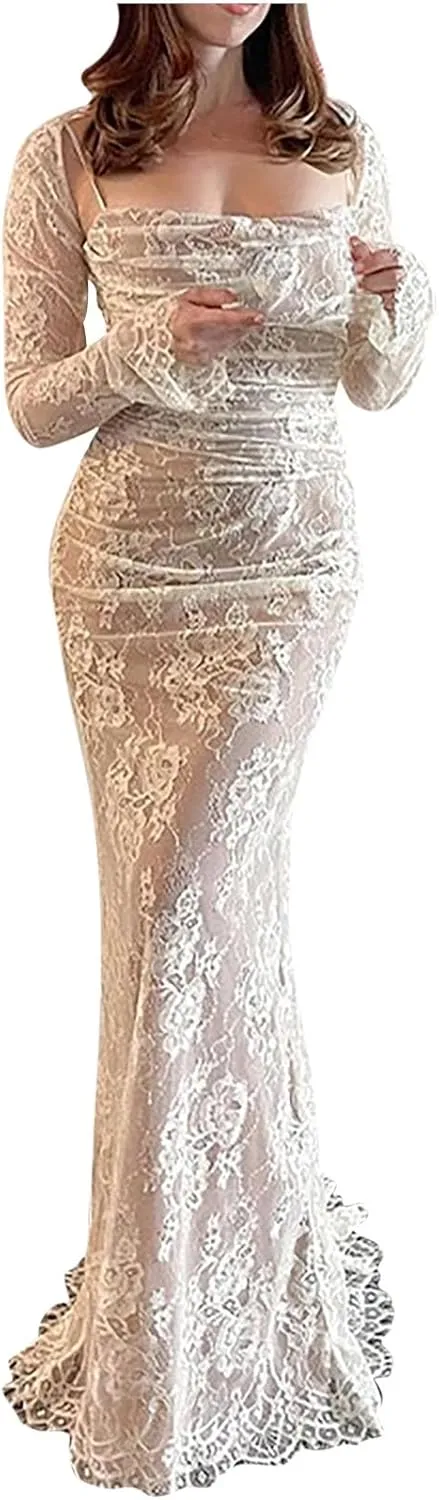Square Neck Spaghetti Strap Dress for Women Lace Canvas Crochet Dress with Camisole Party Evening Wedding Guest Dress